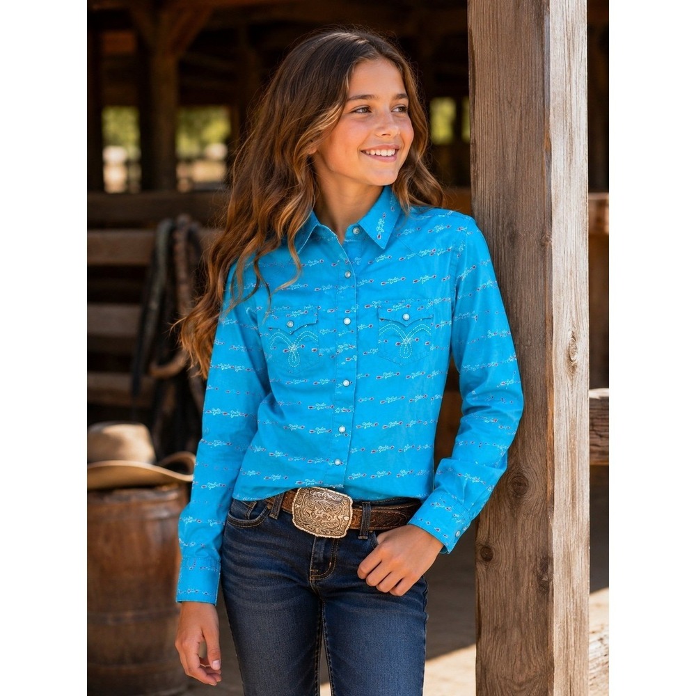 Panhandle Rodeo Girl Western Pearl Snap Shirt Girls M Turquoise